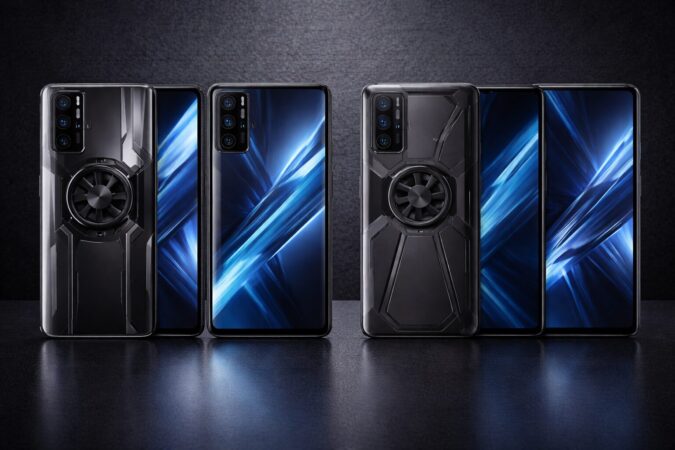 最新モデルと旧世代モデルの違いを比較できる文字なしのゲーミングスマホ横長画像