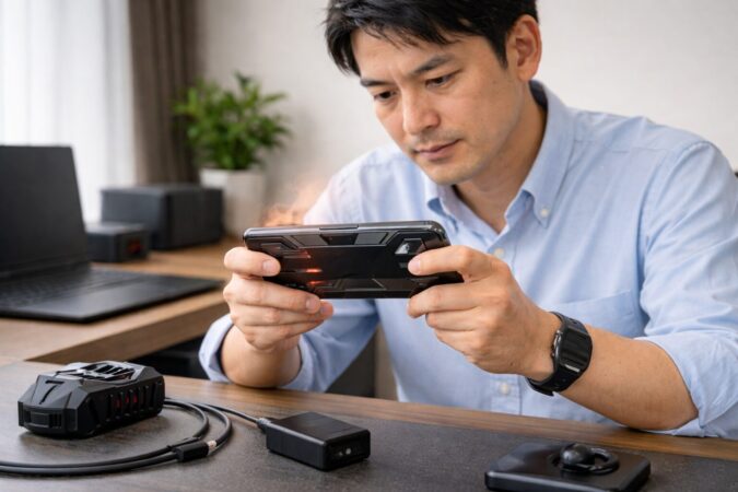 REDMAGIC 10 Proの発熱対策や冷却設計を実機視点でレビューしている日本人レビュアーのイメージ