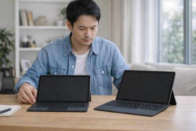 Surface Pro 10と11の違いを比較検討する日本人ユーザーの写真風イメージ