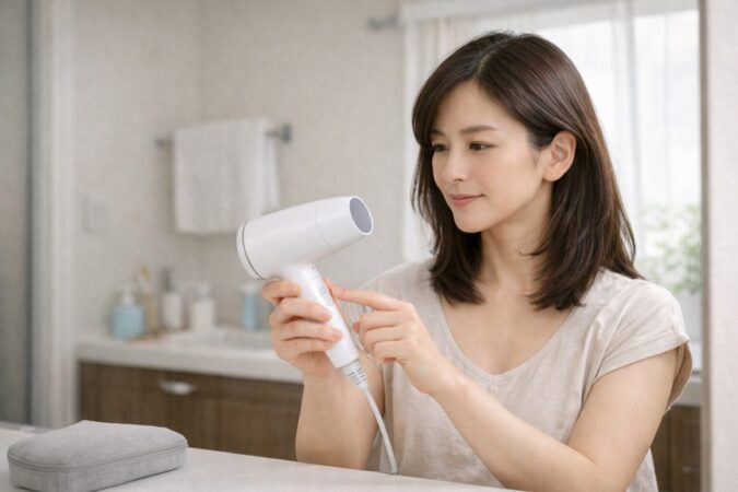 手頃な価格帯のドライヤーを手に取り使いやすさを考える日本人女性