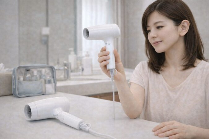日常使い向けと軽量旅行向けのドライヤーを比較する日本人女性