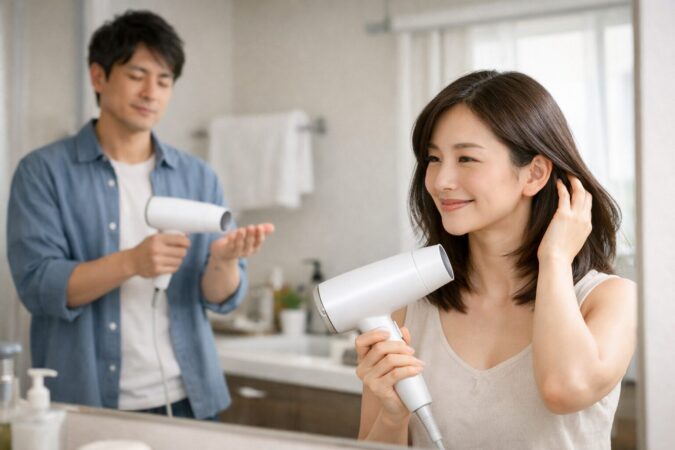上位モデルのドライヤーを使いながら使用感と仕上がりを確かめる日本人利用者