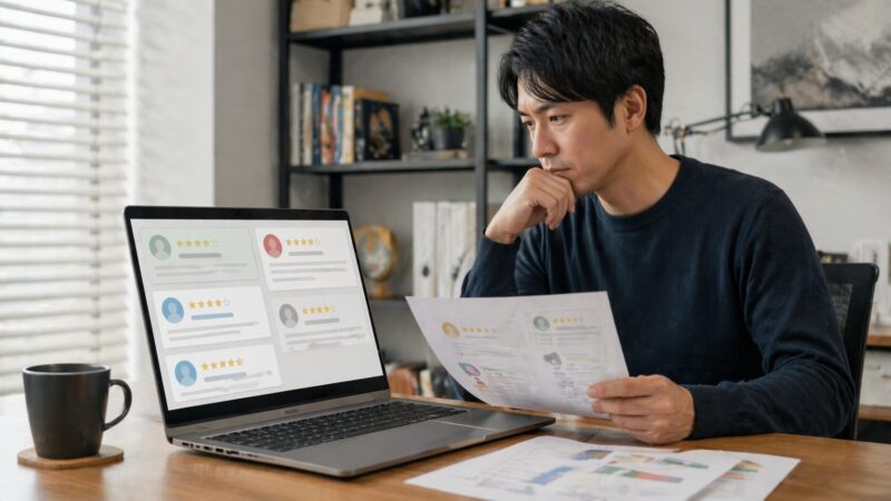 15.6インチノートPCのレビューを慎重に確認する日本人男性