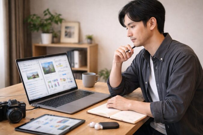 広い画面のノートPCで複数作業を同時に進める日本人男性のデスク環境