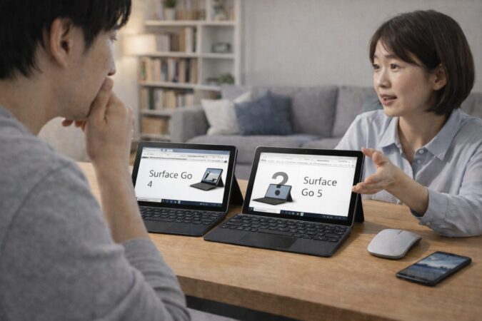 今買うか次世代を待つか相談する様子で表現したSurface Go 4と後継機の検討イメージ