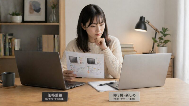 15.6インチノートPCのレビュー評価と現行機を比較する様子