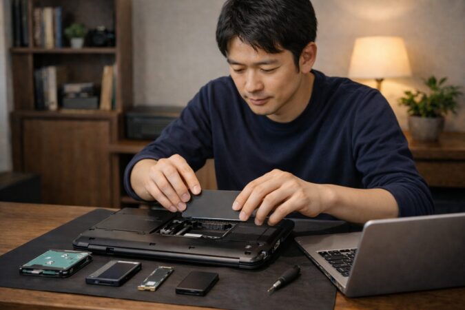 古いノートPCを2.5インチSATA SSDへ換装している定番アップグレードのイメージ