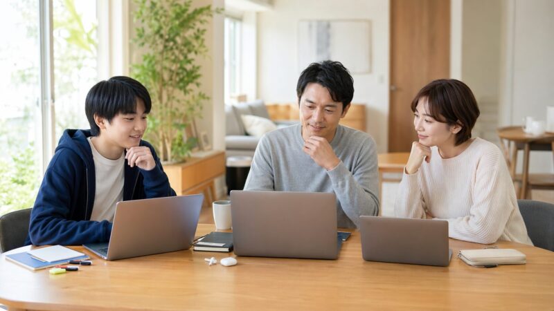 用途別にノートパソコンを選ぶ日本人家族の比較風景