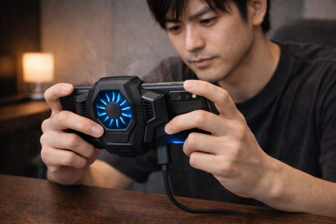 外付け冷却ファンを装着して快適に遊ぶゲーミングスマホの使用例