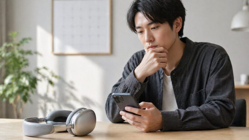 　新型ワイヤレスヘッドホンを待つべきか検討している日本人のイメージ