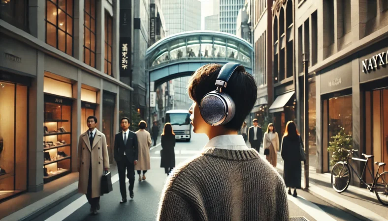 街中で装着したときの存在感と高級感が伝わるAirPods Max風ヘッドホンの着用イメージ