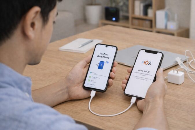 AndroidからiPhone17へデータ移行する手順を表した実写風イメージ