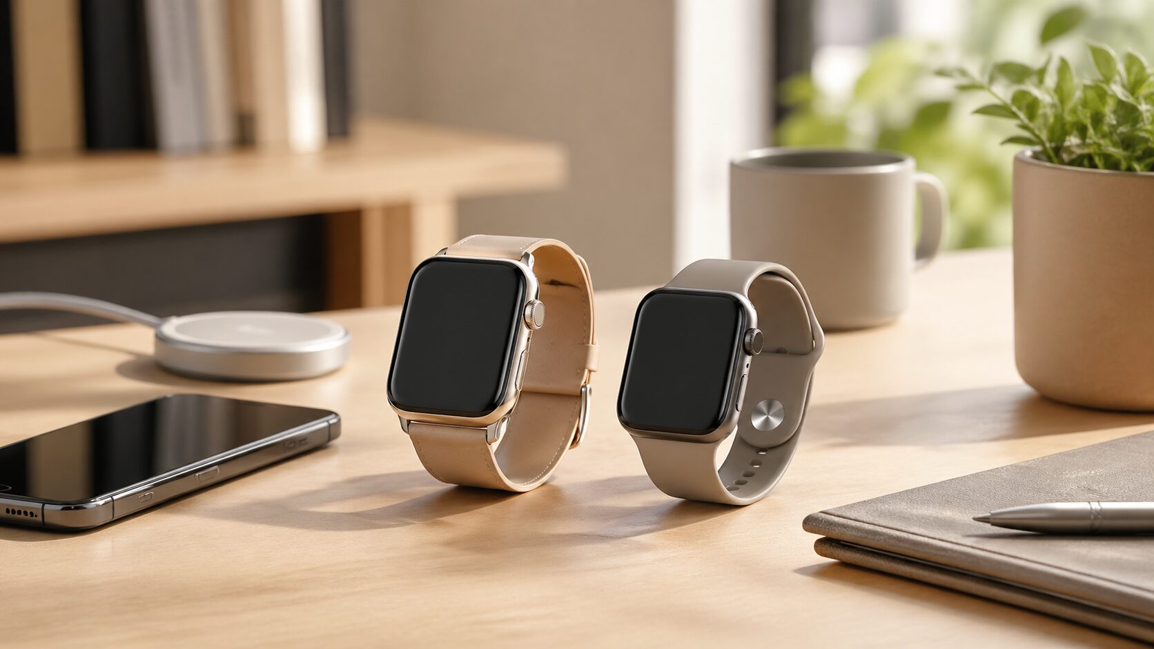 Apple Watch Series 10とSeries 11の比較をイメージしたスマートウォッチ2本のデスク上写真