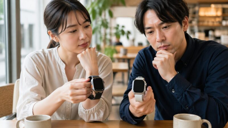 Apple Watch Ultra 3を買うべきか迷う日本人ユーザーが大型モデルと標準モデルを比較するイメージ