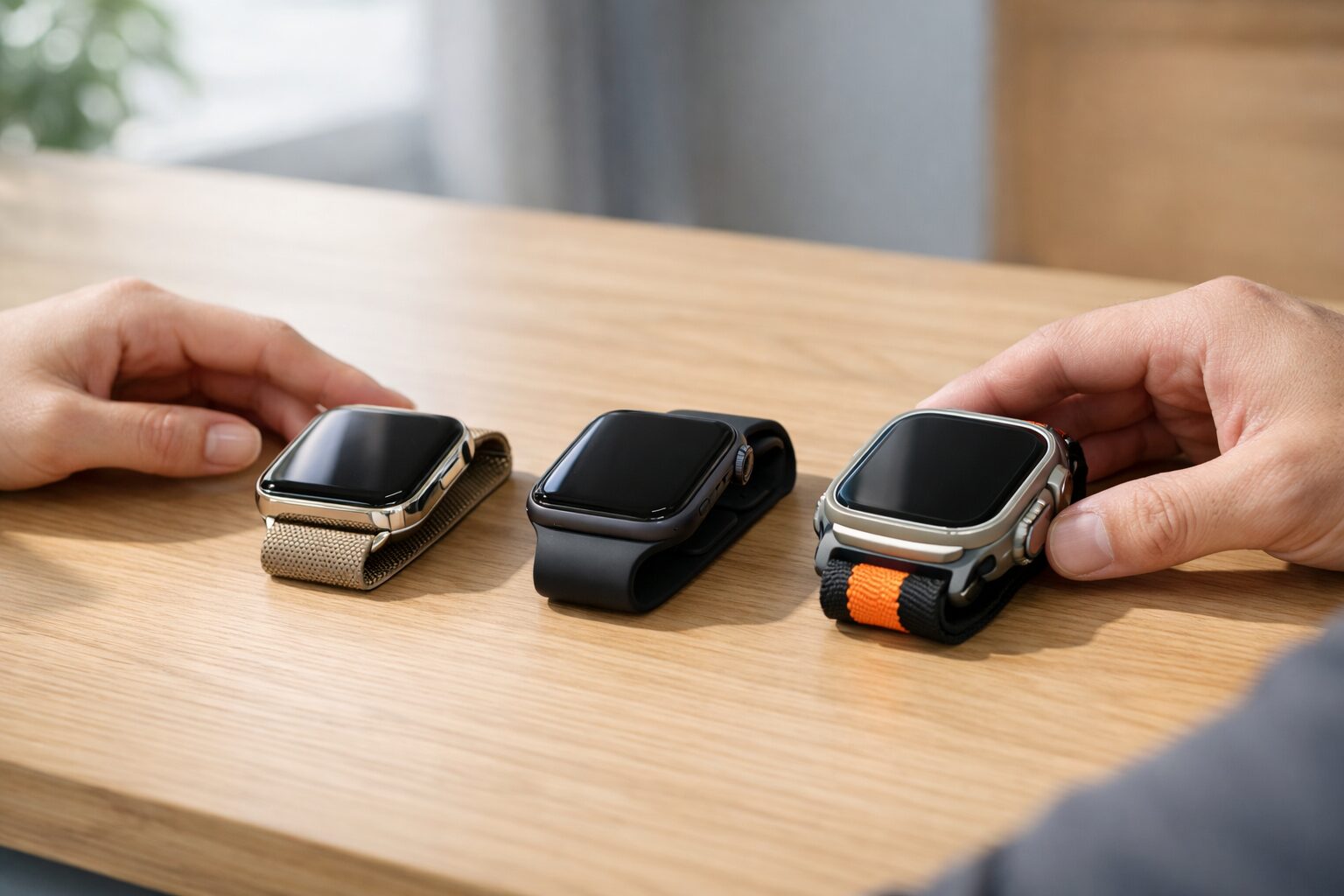 Apple Watchのモデルごとの素材感やサイズ差を比較しているイメージ