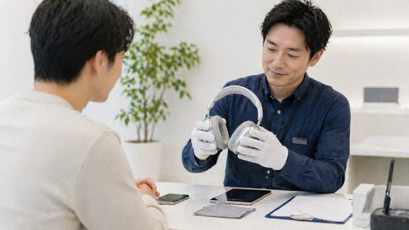 サポートスタッフが高級ワイヤレスヘッドホンを確認している保証サービスのイメージ
