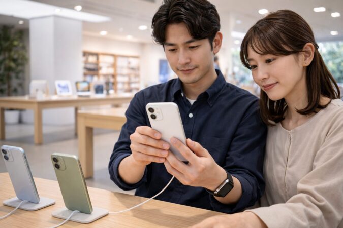 標準モデルのスマートフォン実機を店舗で確認する日本人ユーザーのイメージ