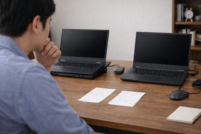 性能重視とバランス重視のノートパソコンを比較する日本人ユーザー