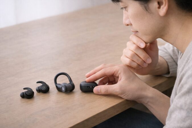 耐久性重視で複数のスポーツ向けイヤホンを比較するシーン