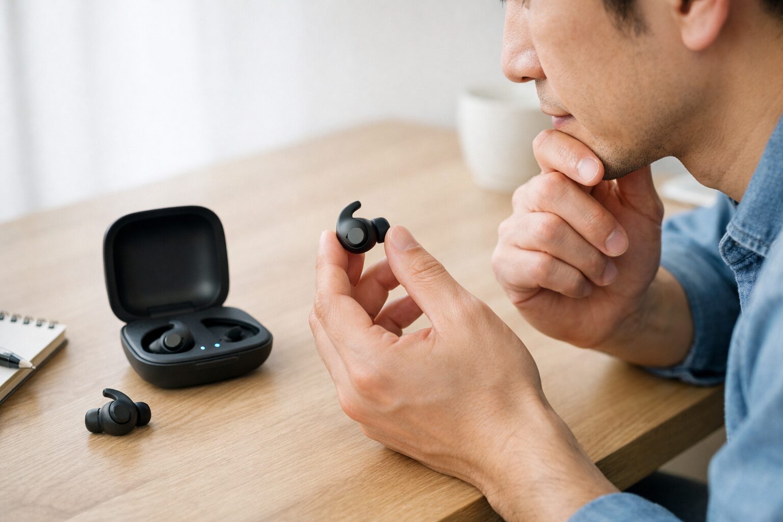 ワイヤレスイヤホンの耐久性を慎重に確認する日本人ユーザーの手元イメージ