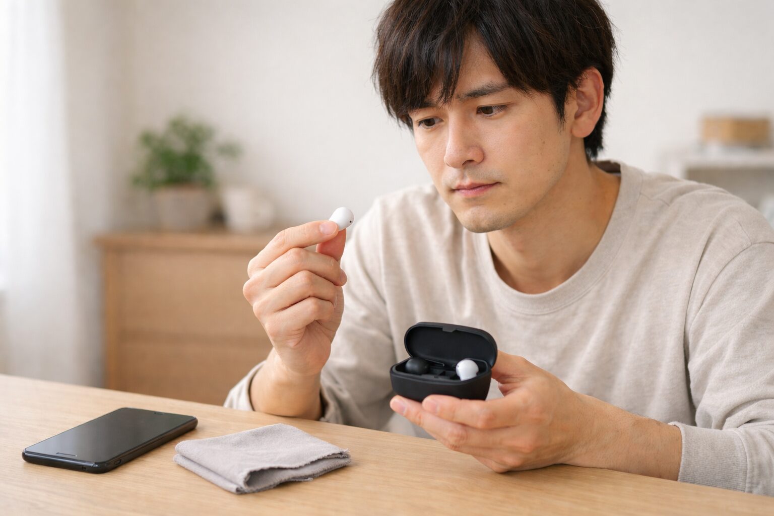 COTSUBU for ASMRの不具合や選び方に悩みながらイヤホンを確認する人物