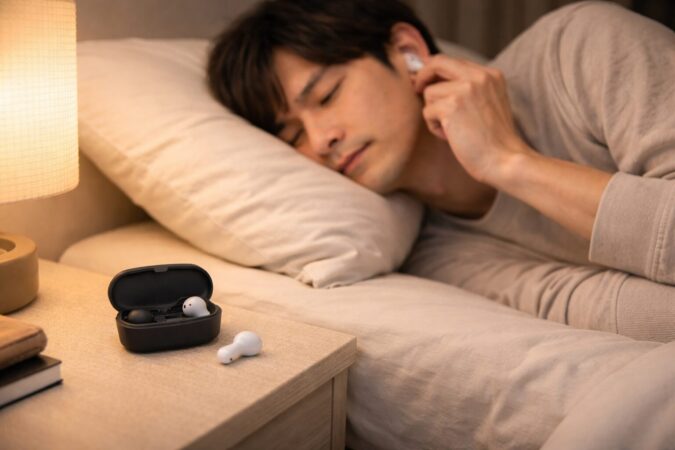 寝る前の使用で小型イヤホンに負荷がかかる様子を表したイメージ