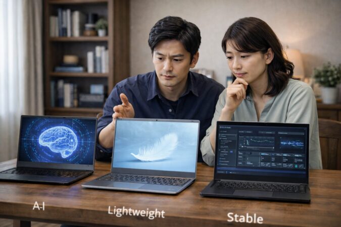 Core Ultra以外も含めたノートパソコン候補を比較するイメージ