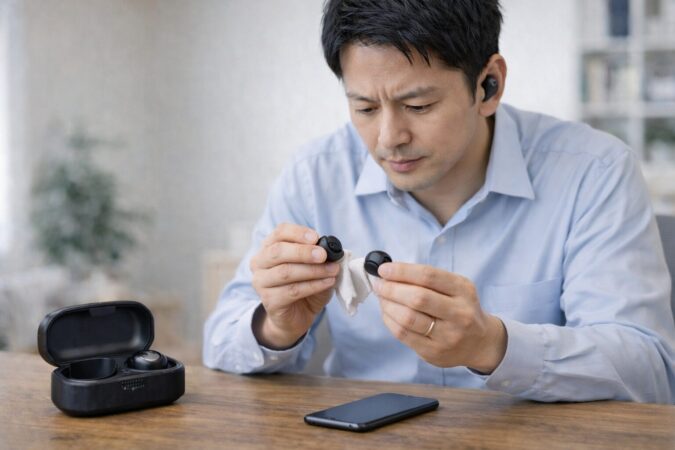 イヤホンの故障不安を減らすために点検と確認をする様子