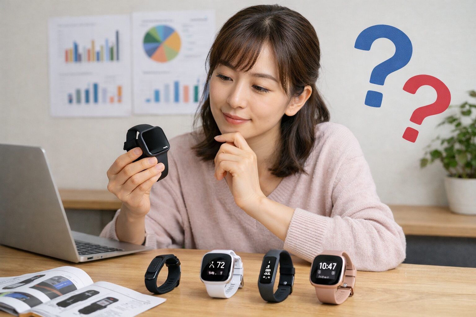 日本人の利用者が複数のフィットネストラッカーを比較しながら機種変更を検討しているイメージ