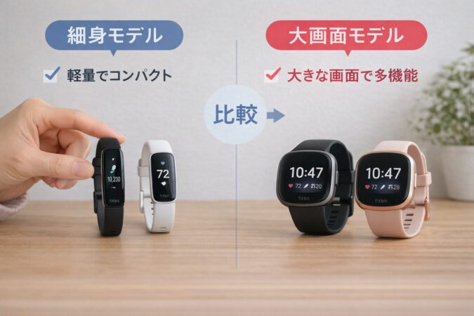 日本人ユーザー向けに細身モデルと大画面モデルの違いが分かるフィットネストラッカー比較イメージ