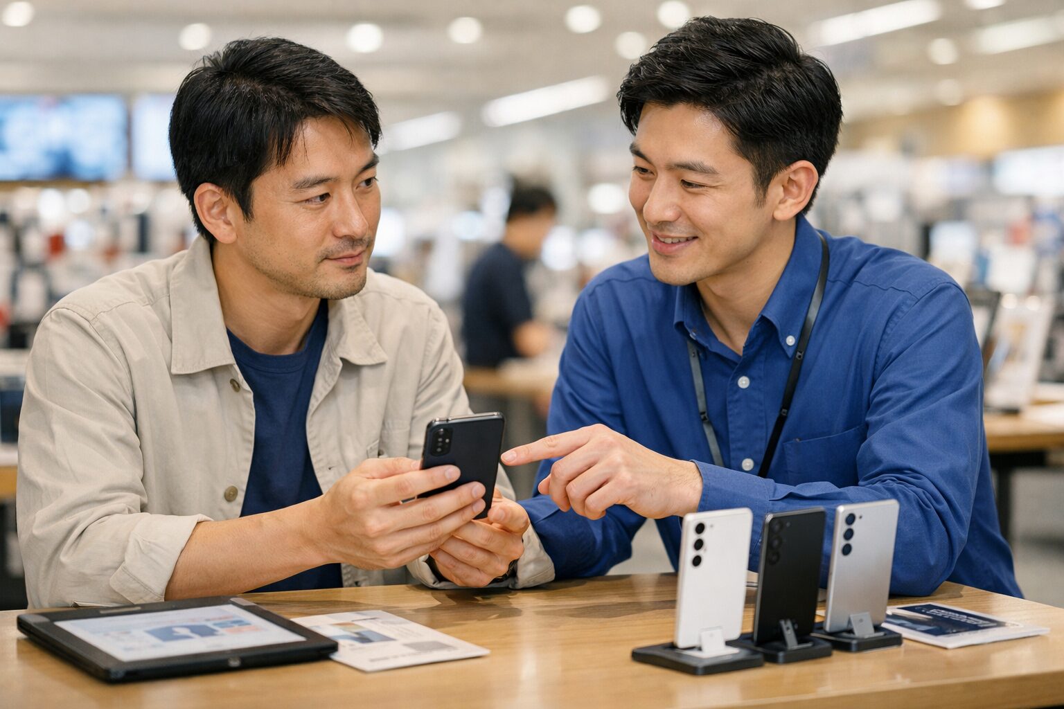 Galaxy S25の購入判断を日本人の経験者が店頭で丁寧に解説しているイメージ