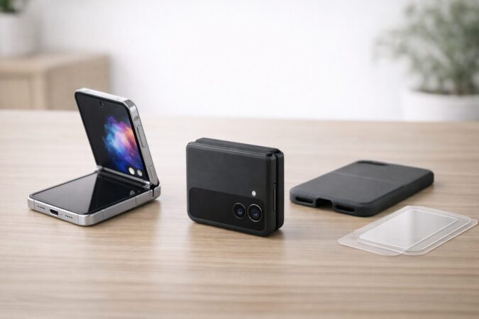Galaxy Z Flip6をケースとフィルムで保護する壊れやすい対策のイメージ