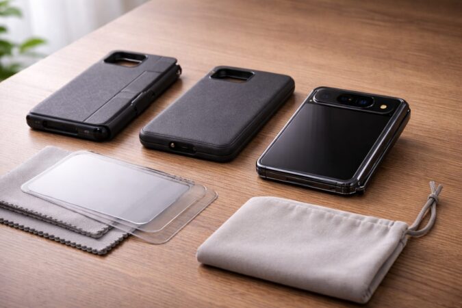 Google Pixel Foldの壊れやすさ対策としてケースや保護用品を並べたイメージ