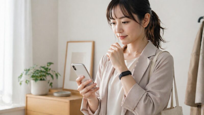 Inspire 3を装着した日本人ユーザーがスマホと連携しながら健康管理を続ける日常シーン