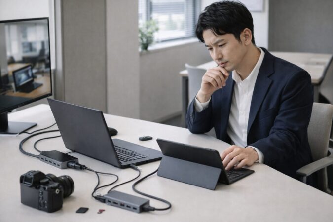 互換性や業務利用の安定性を重視してPCを比較する日本人ビジネスユーザーの写真風イメージ