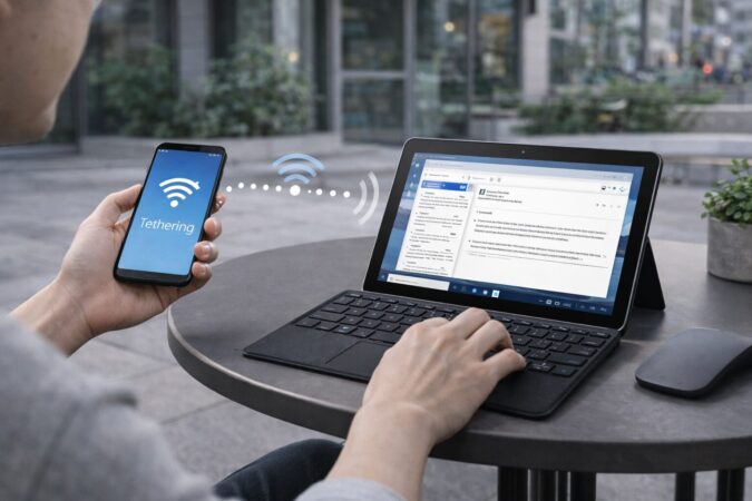 外出先でスマホと小型PCを併用する様子で表現したSurface Go 4の通信利用イメージ