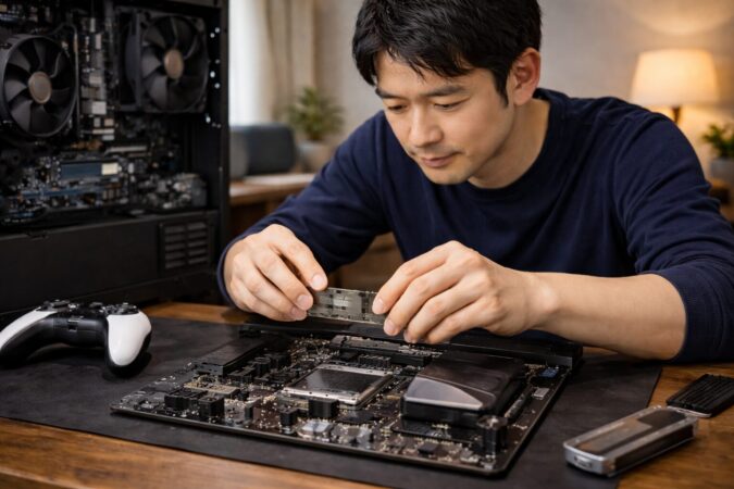 日本人ユーザーが高速なM.2 NVMe SSDをPCへ装着しているイメージ