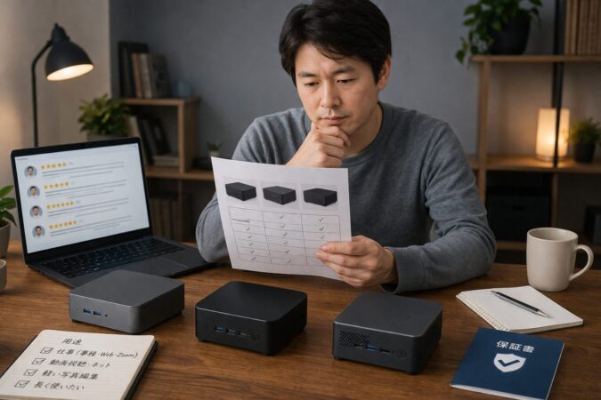 MINISFORUM選びで保証や用途を比較する日本人ユーザーのイメージ