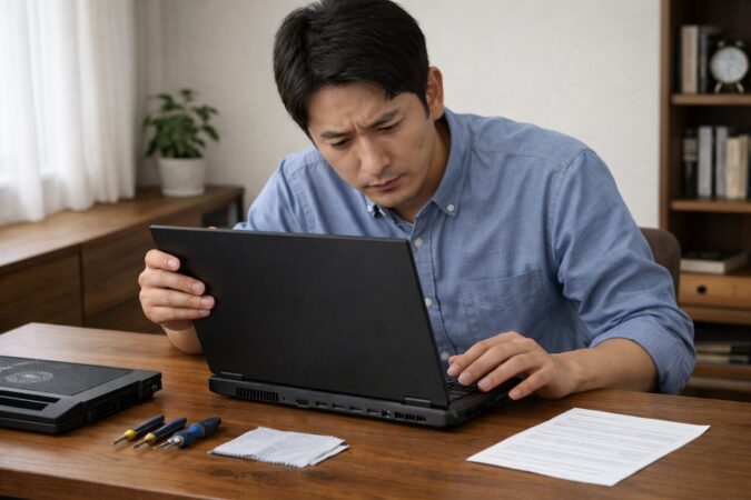 ノートパソコンの故障リスクを冷静に確認する日本人男性