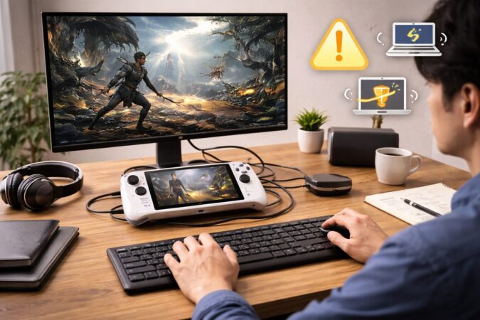携帯ゲーミングPCを外部モニター接続でPC代わりに使う注意点を表すイメージ