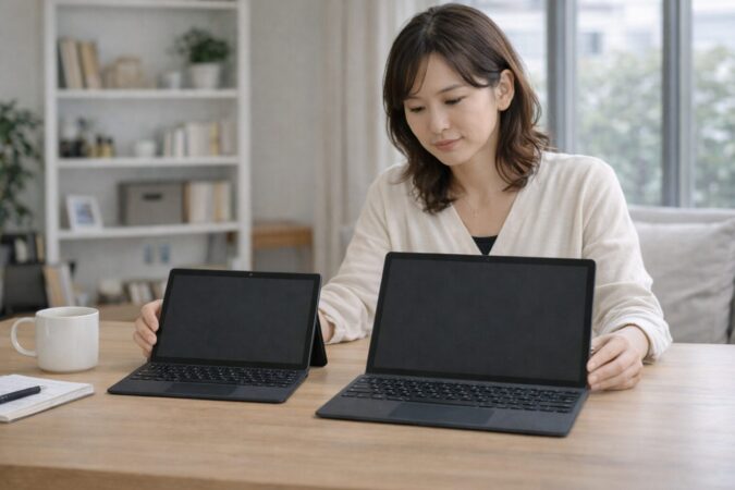 12インチと13インチの2in1 PCのサイズ差を比較する日本人ユーザーの写真風イメージ