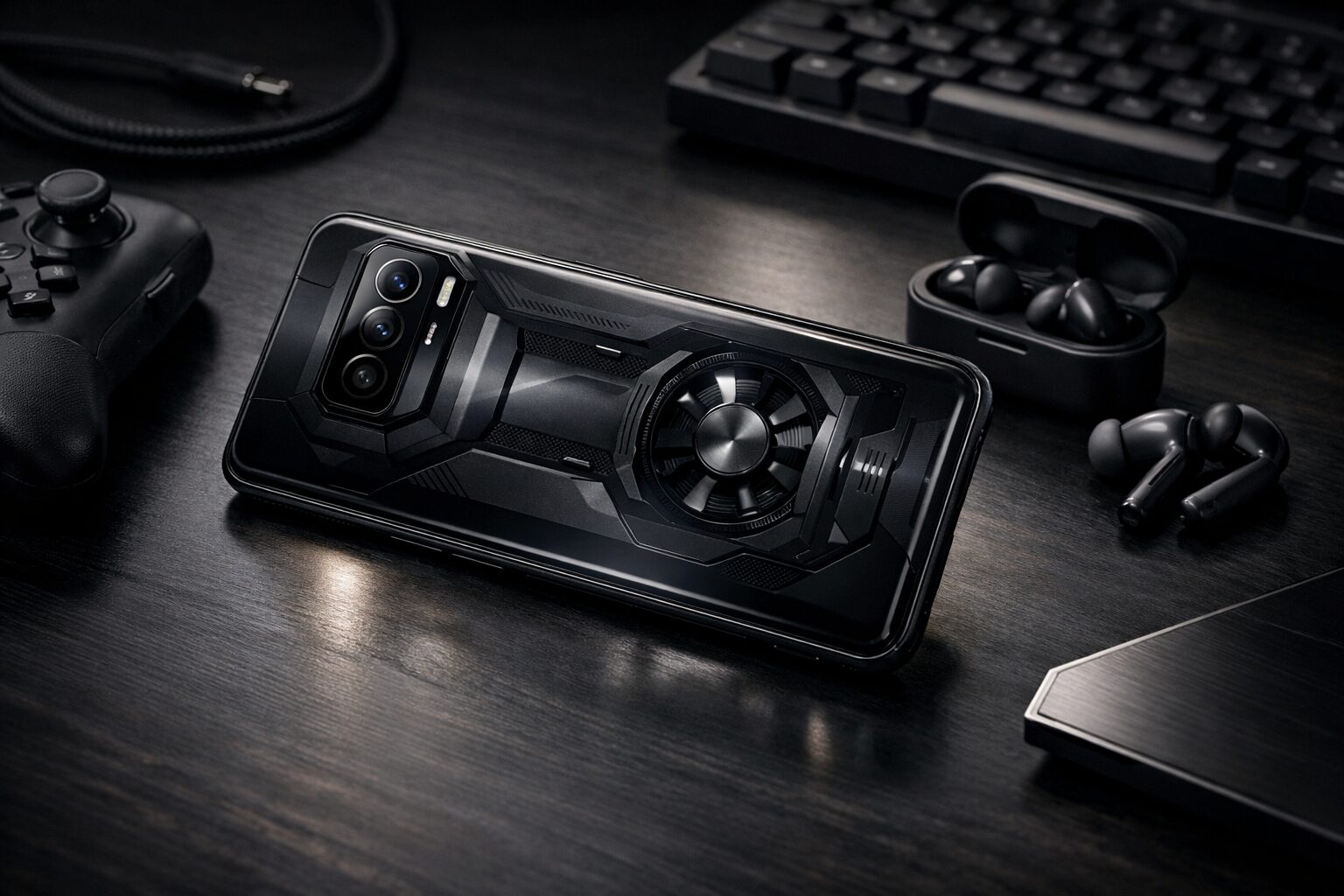 REDMAGIC 11 Proレビュー記事の導入向けに、高性能ゲーミングスマホ本体と周辺機器を写した文字なしの横長イメージ