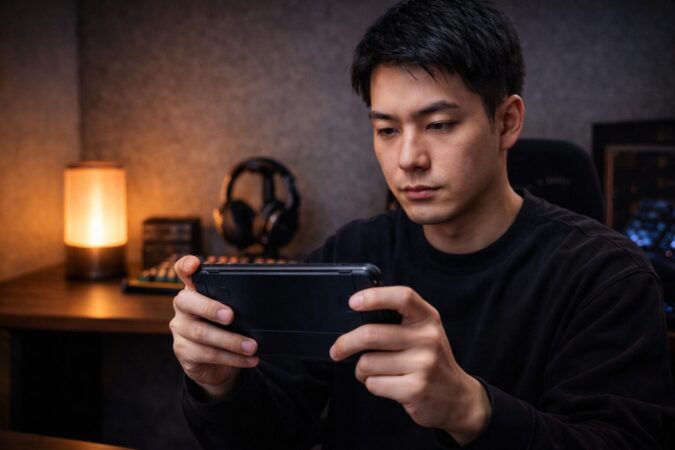 日本人レビュアーが小型ゲーミングタブレットの実用性を確認しているレビュー総評イメージ