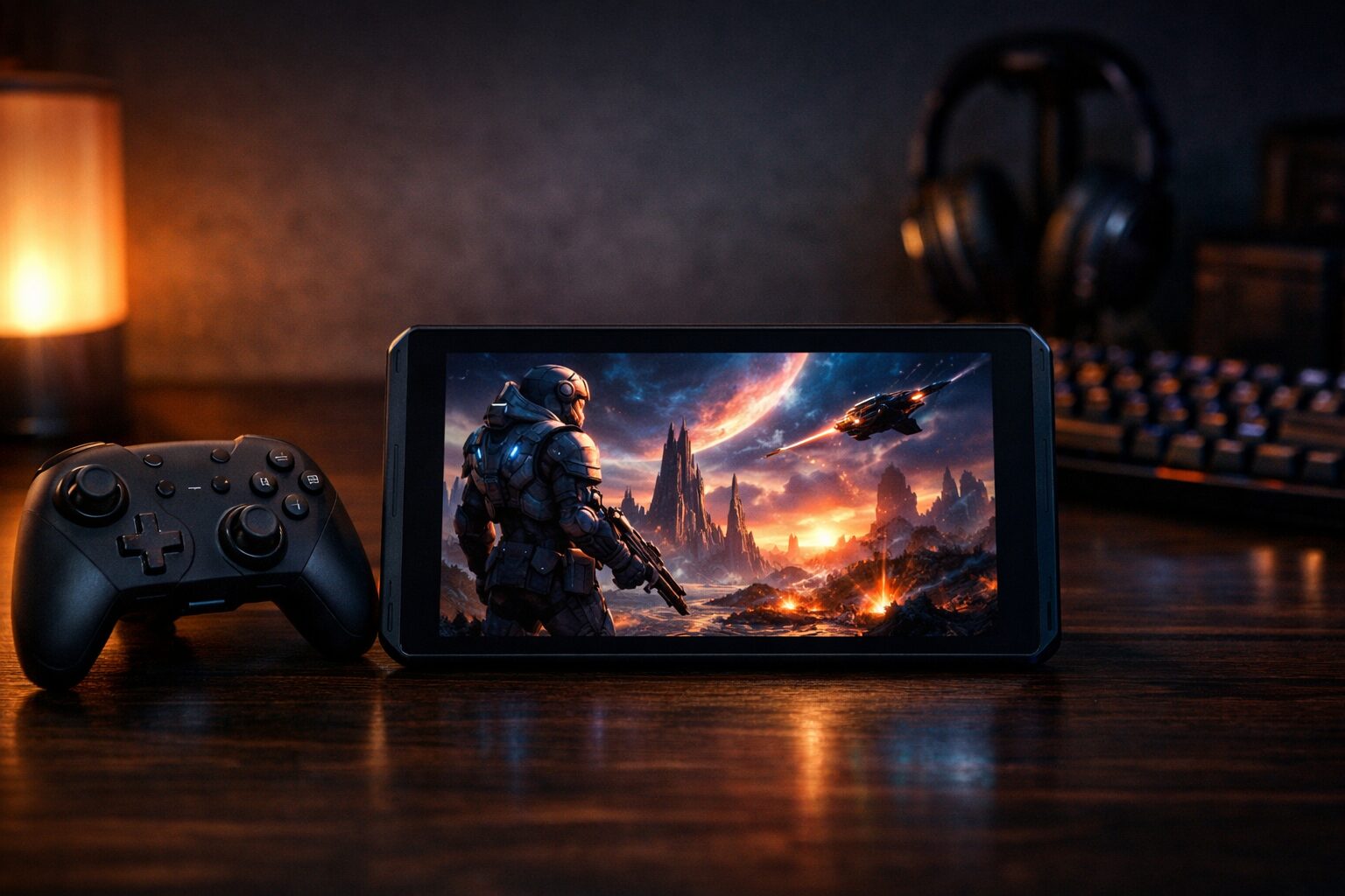 REDMAGIC Astraレビュー全体像をイメージした小型ゲーミングタブレットとコントローラーのワイド構図