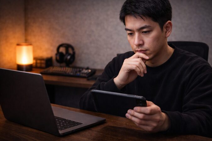 小型ゲーミングタブレットの購入判断を検討する日本人ユーザーのイメージ