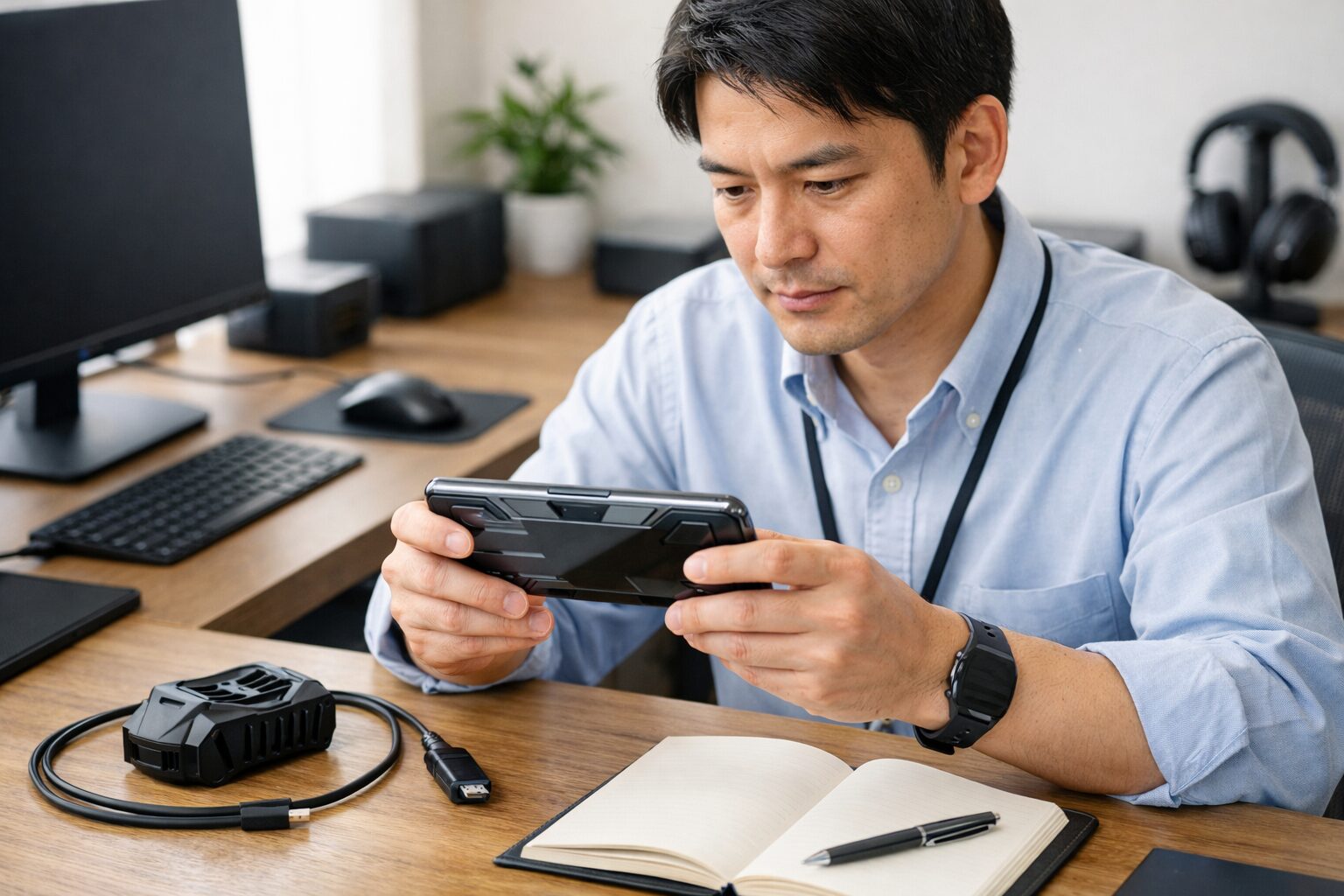 REDMAGICの発熱や安全性を日本人サポート担当者が室内デスクで確認しているイメージ画像