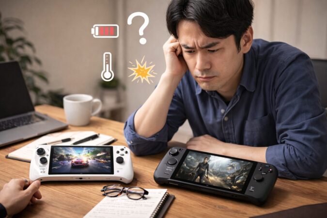 携帯ゲーミングPCの不安点や購入後の悩みを考える日本人ユーザーのイメージ