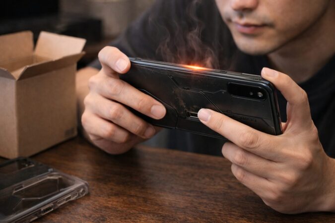 中古ゲーミングスマホの端子や状態を確認する手元のイメージ