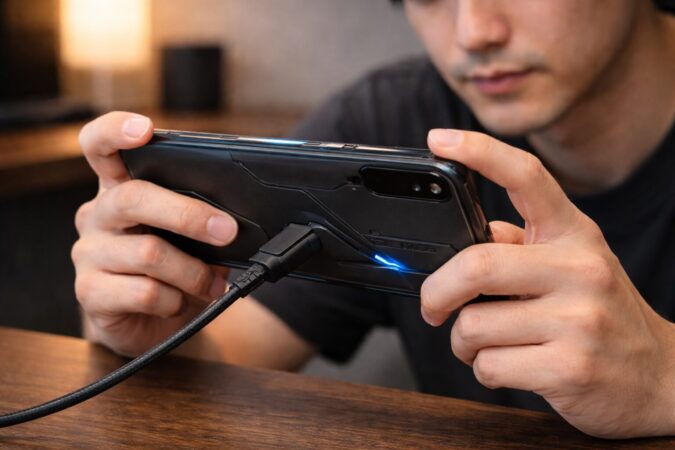 横持ち充電時のポート負担を意識したゲーミングスマホ使用シーン