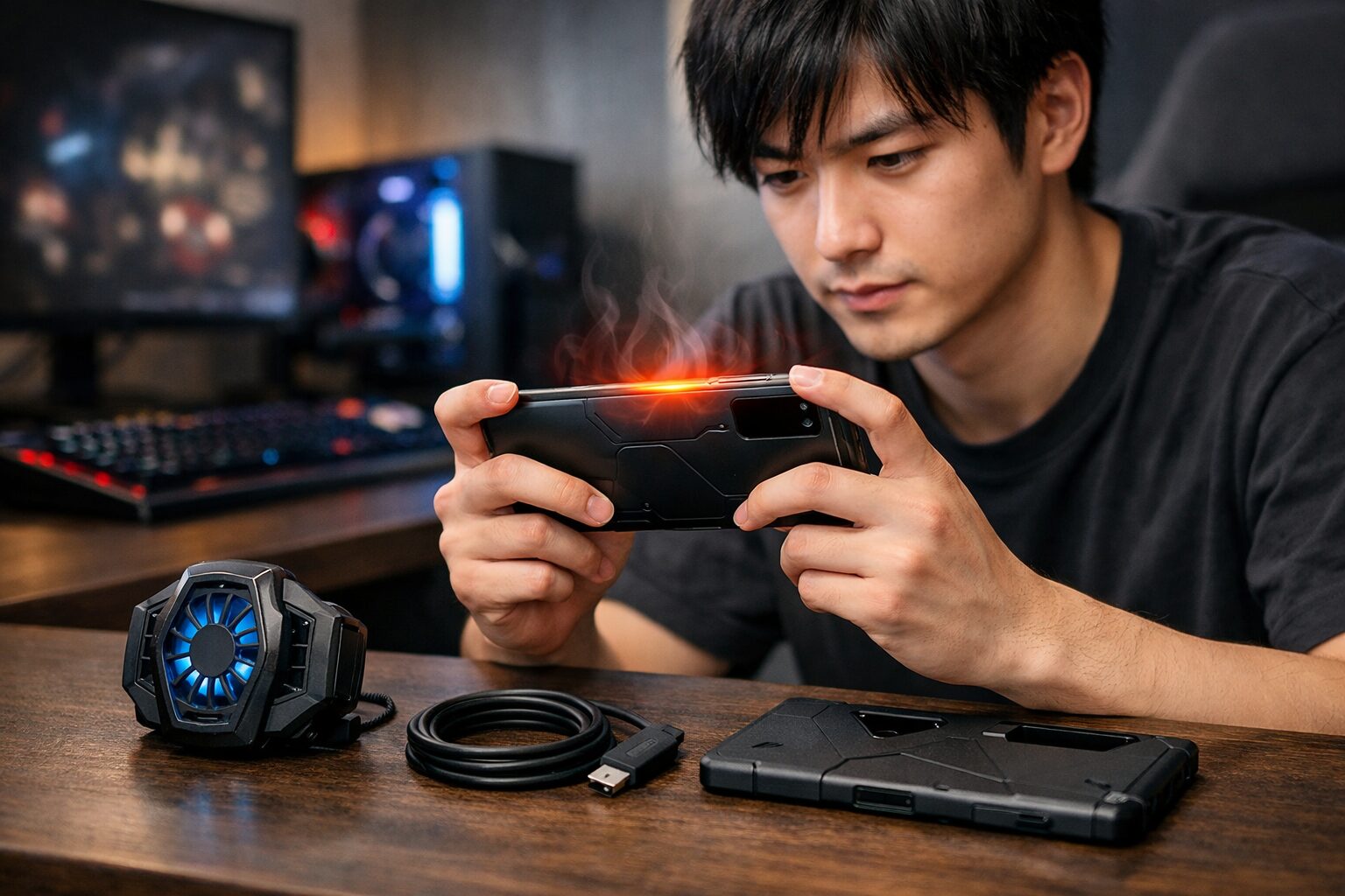 発熱しやすいゲーミングスマホと冷却対策アクセサリーを並べたイメージ